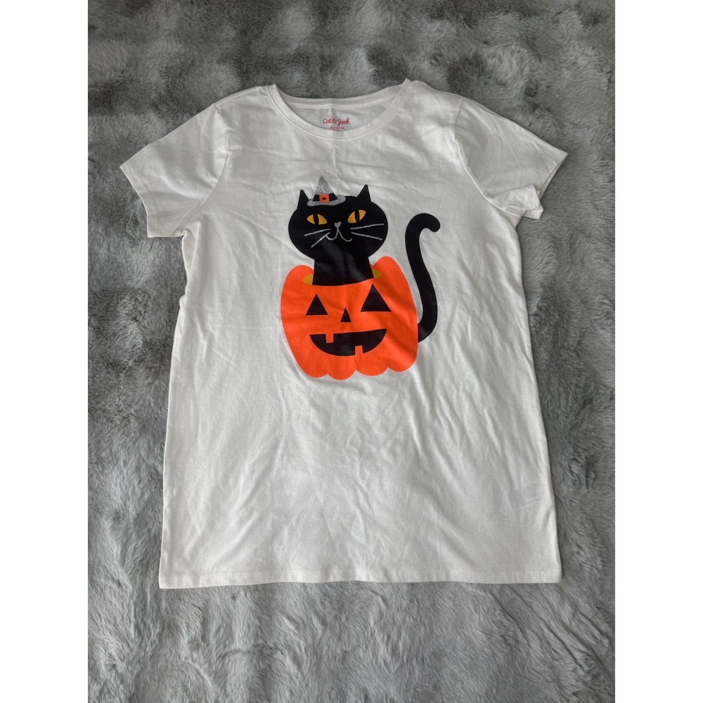 Cat & Jack Girls XL14/16 Halloween Black Cat Pumpkin Graphic Tee White Shirt-726